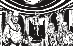 Depiction of the shrine of mitra with old Cornelius and the evil acolytes