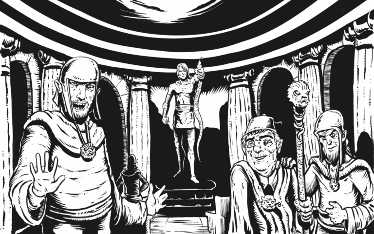 Depiction of the shrine of mitra with old Cornelius and the evil acolytes