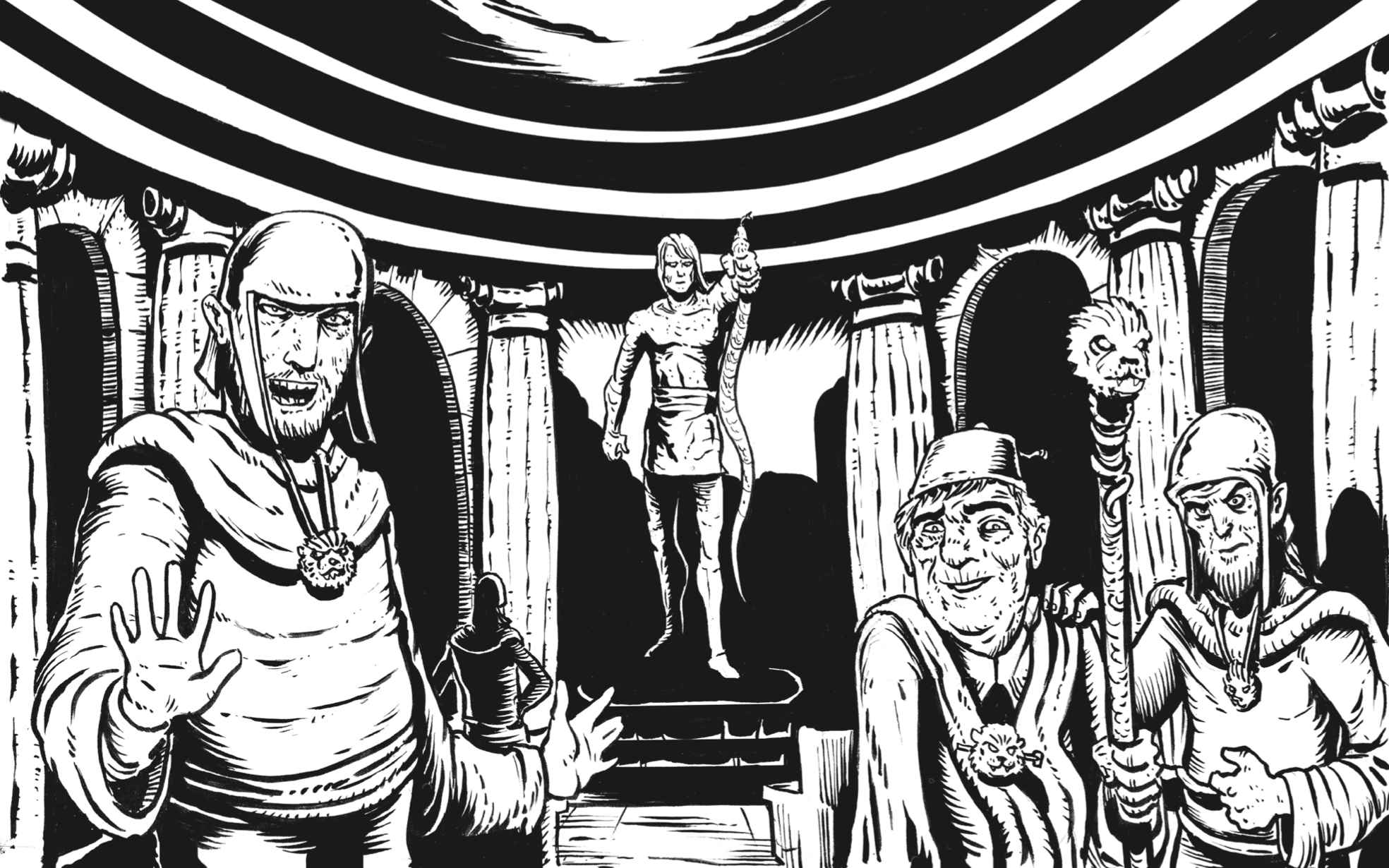 Depiction of the shrine of mitra with old Cornelius and the evil acolytes